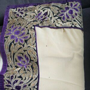 Gorgeous Beige Georgette Saree with Patchwork Style Thick Contrast Purple Border